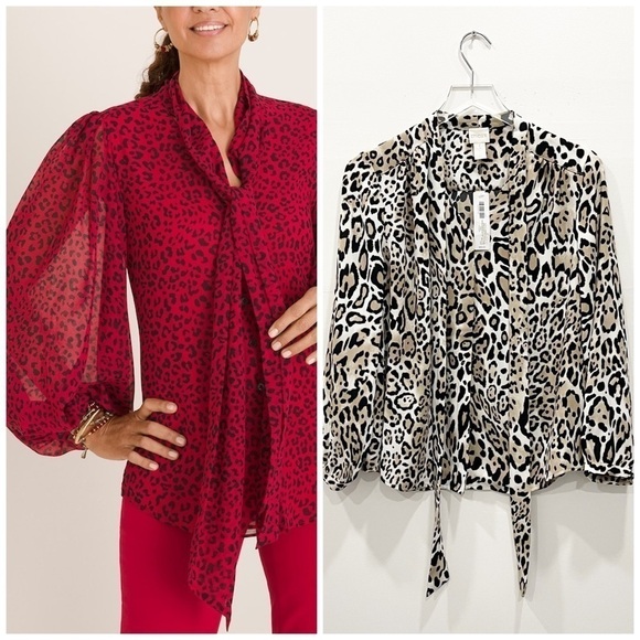 Chico’s Playful Animal Bow Blouse Pattern Woven Top Long Sleeve - Picture 1 of 13